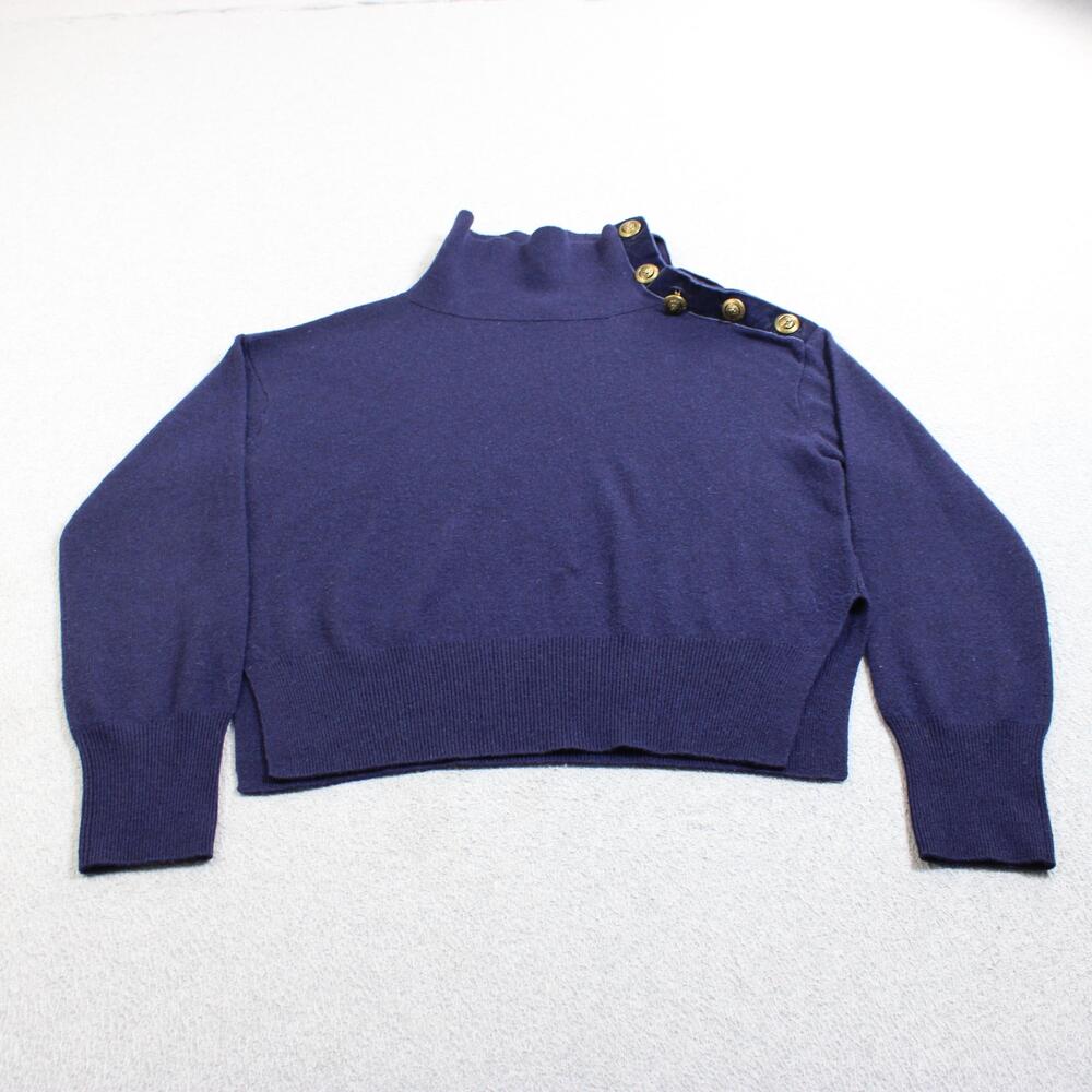 The Kooples Wool Cashmere Sweater Women Size 4 Blue Mock Neck Gold Button READ